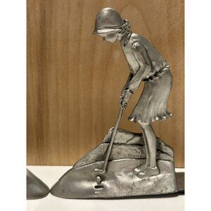 Lady Golfer Book Ends Zinn Etain Pewter Seagull Canada 1992 Golf Decor Vintage